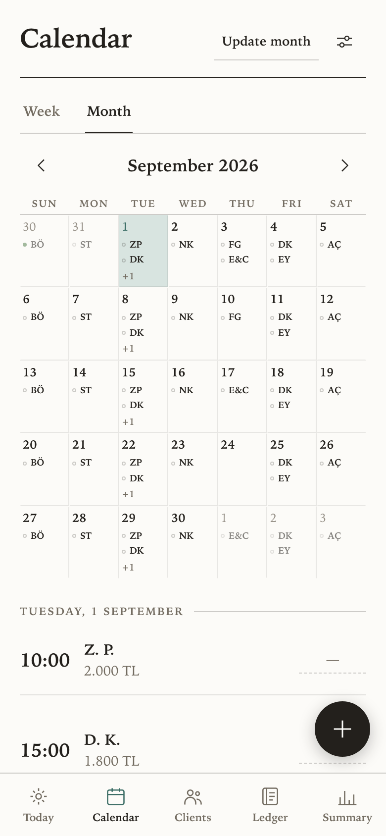 The month calendar, each day showing its sessions coloured by payment state.