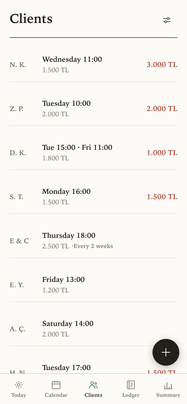 The client list, showing each person's session day, fee and anything they owe.