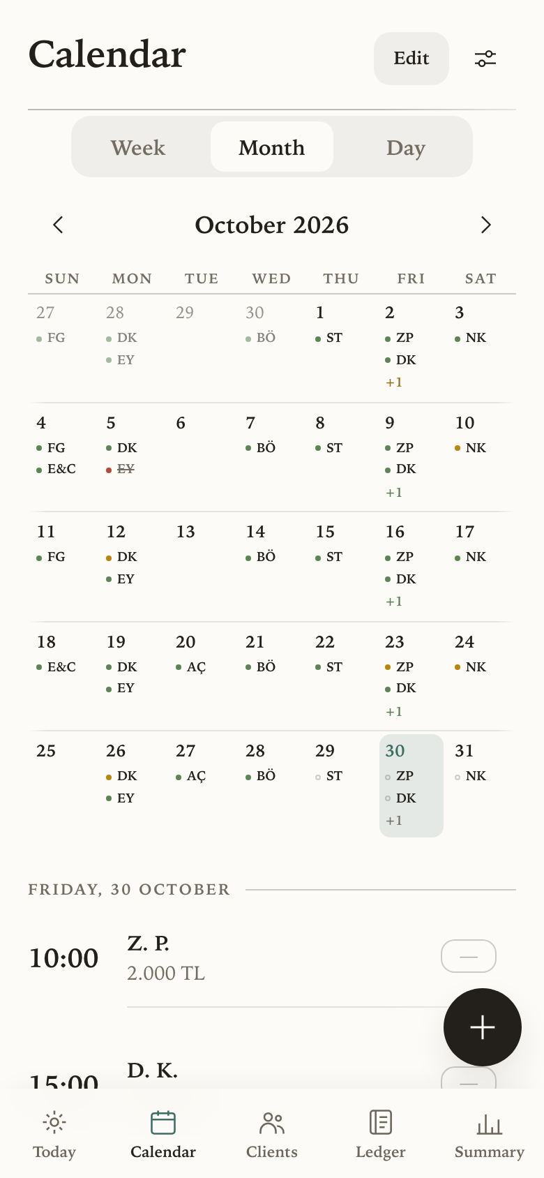 The month calendar, each day showing its sessions coloured by payment state.