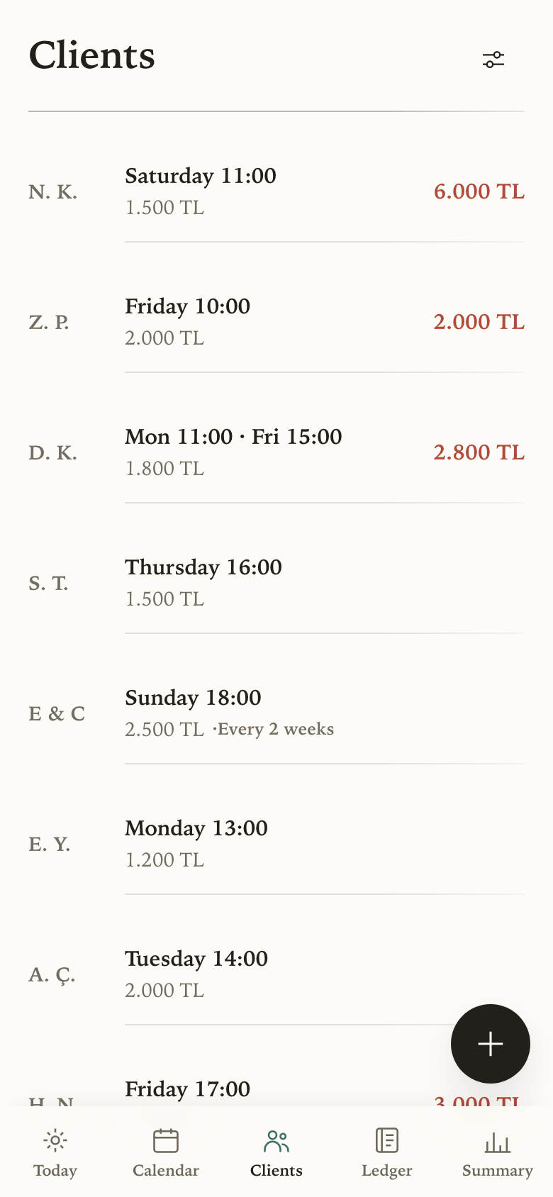 The client list, showing each person's session day, fee and anything they owe.
