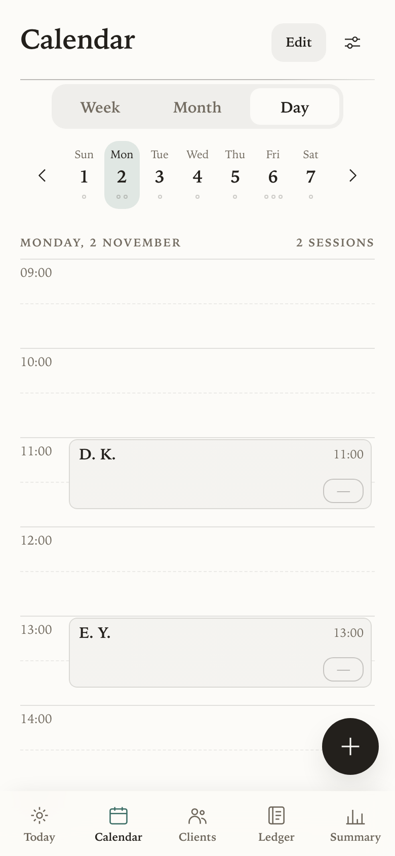 The day view: the week strip above, and the day drawn as a timeline in half hours with two sessions on it.