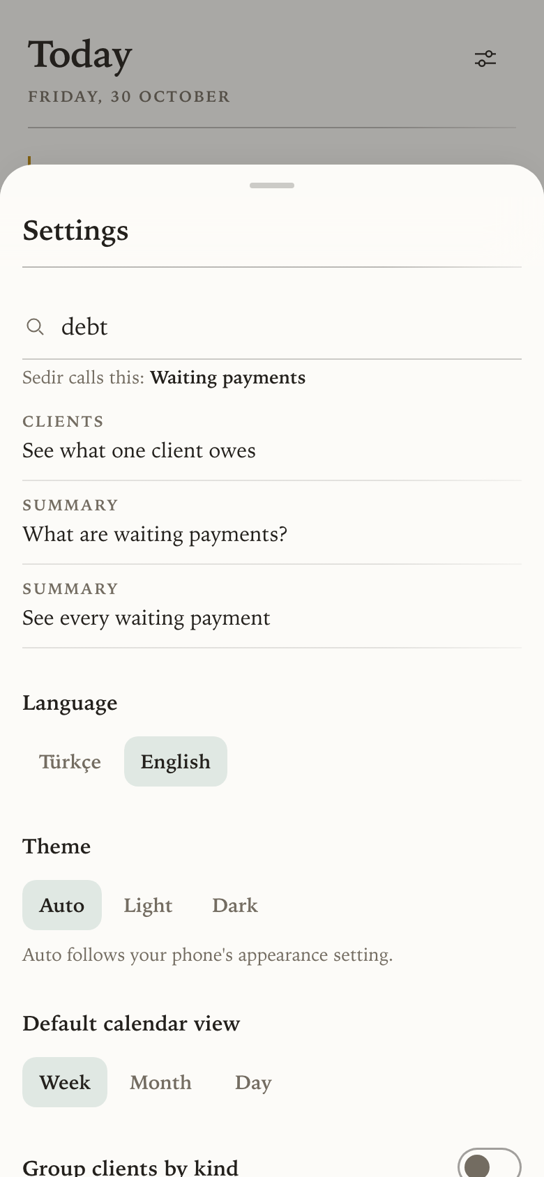 The guide in settings with debt typed in the search box, a line saying Sedir calls this waiting payments, and the matching how-tos.