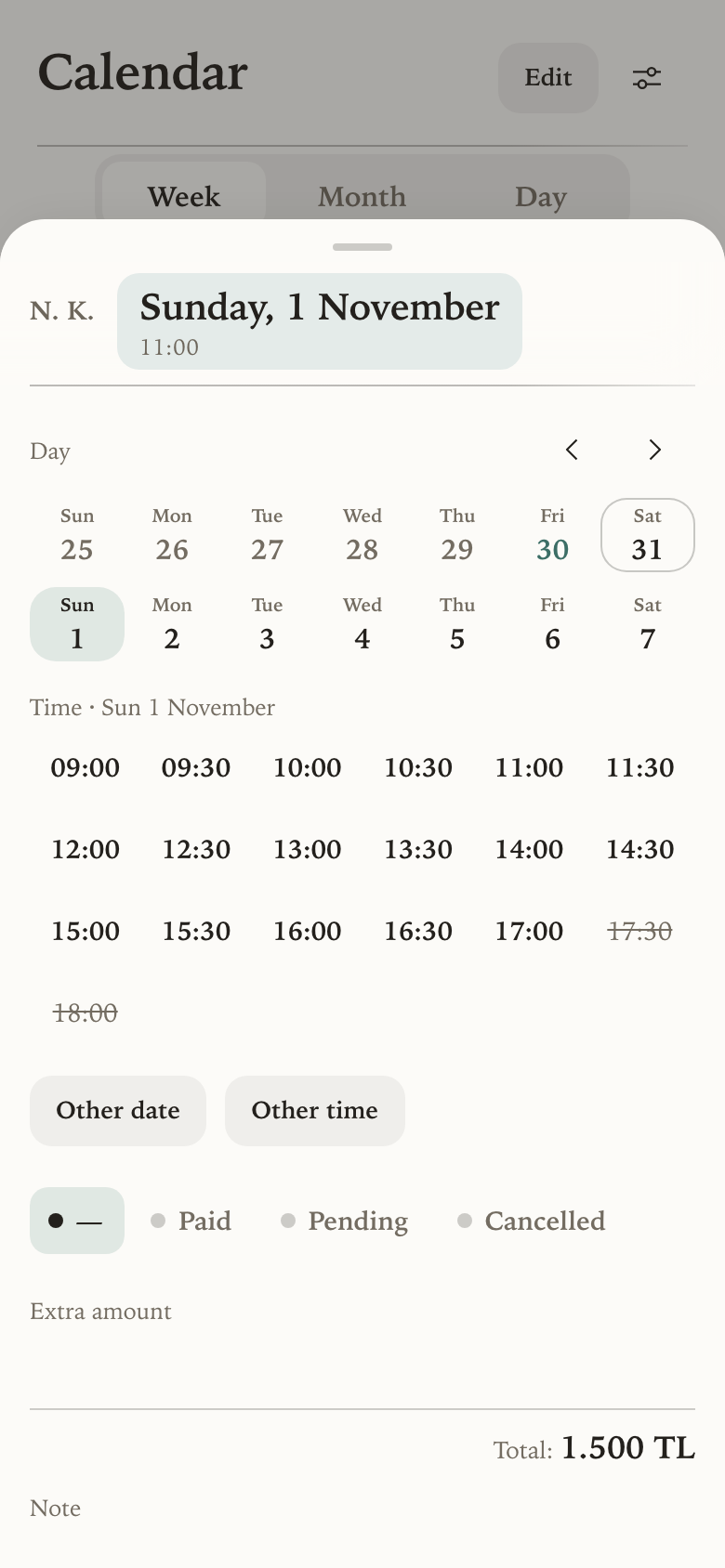 A session's sheet with its date and time open: two weeks of days, and the start times with taken ones struck through.