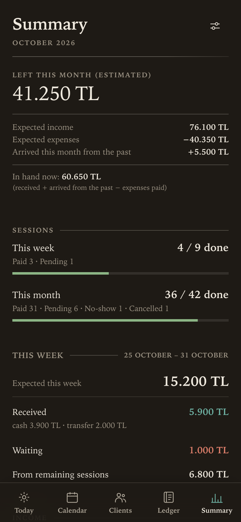 The same summary screen in the dark theme.