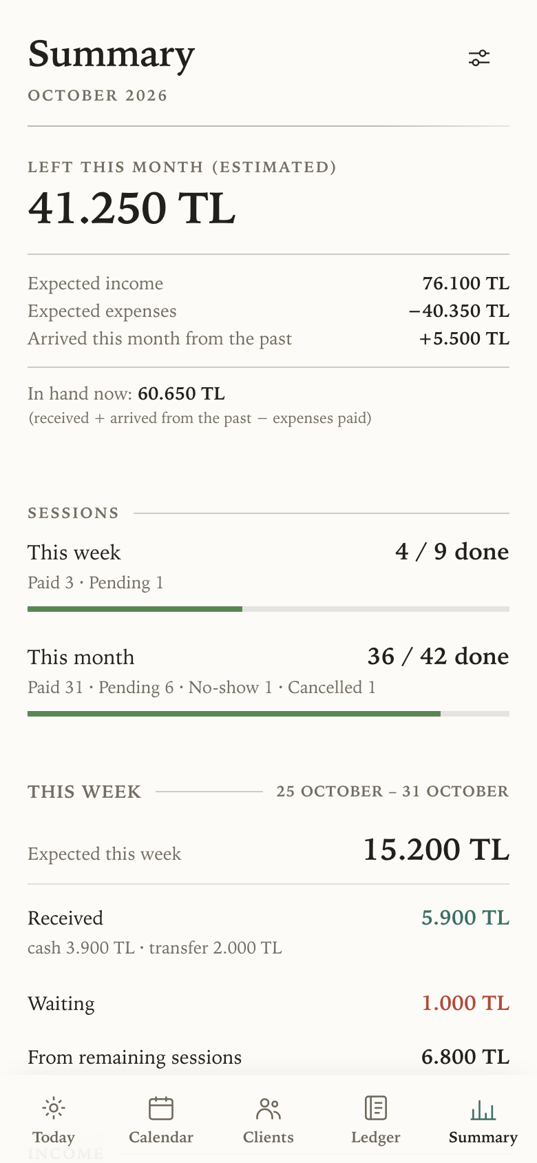 The summary screen, opening on the projected figure for the month.