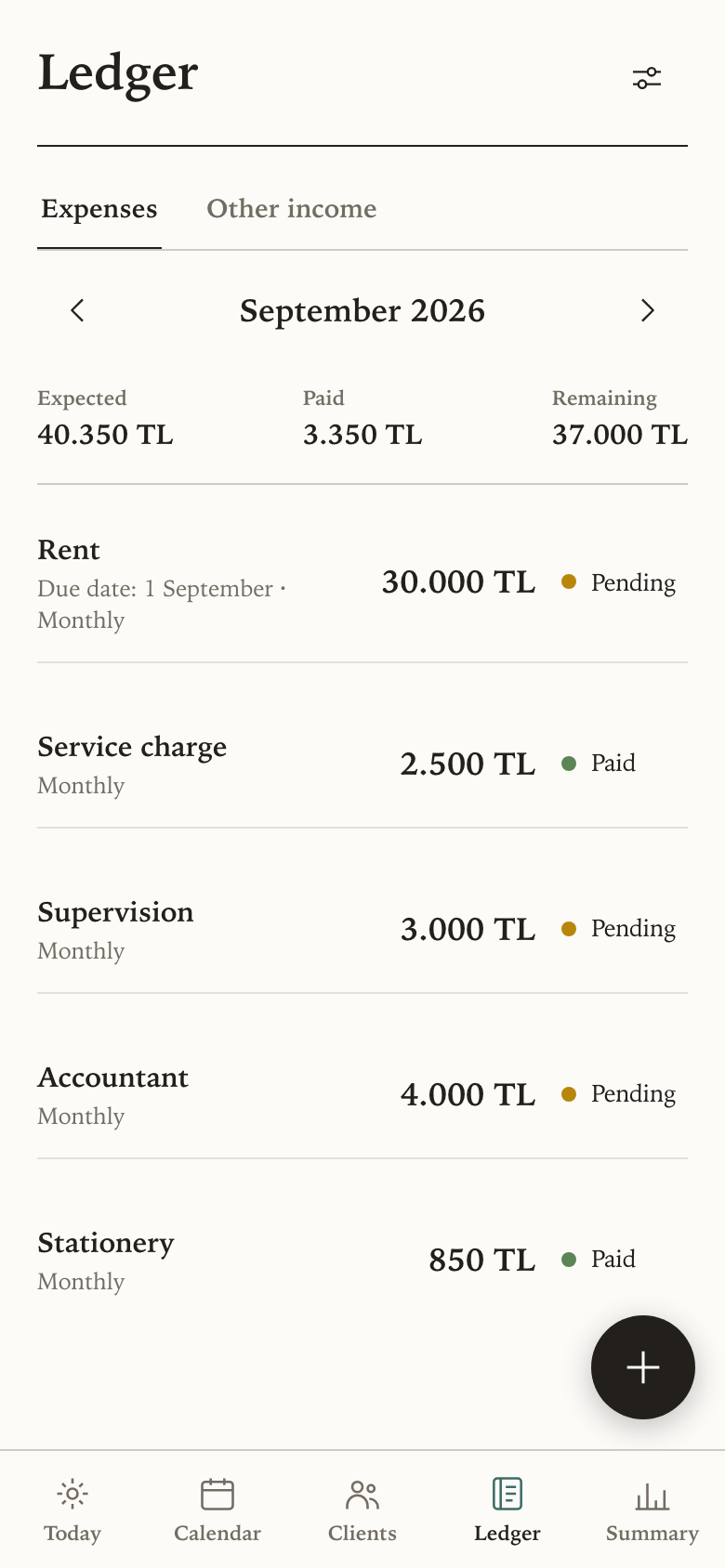 The ledger screen, listing this month's expenses with their amounts and status.