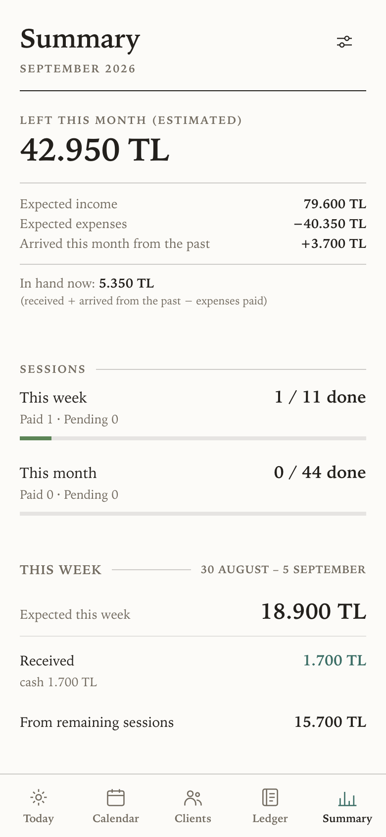 The summary screen, opening on the projected figure for the month.