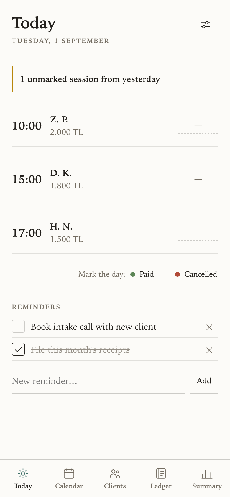 Today's screen, listing the day's sessions with a tap target to mark each one.